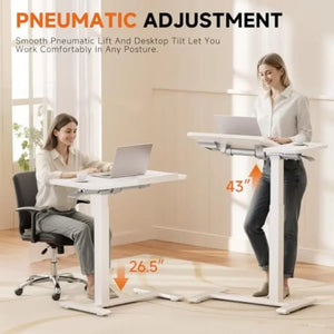Pneumatic Overbed Bedside Table, Height Adjustable Aluminum Alloy Rolling Table with Casters, White, for Hospital & Home Use