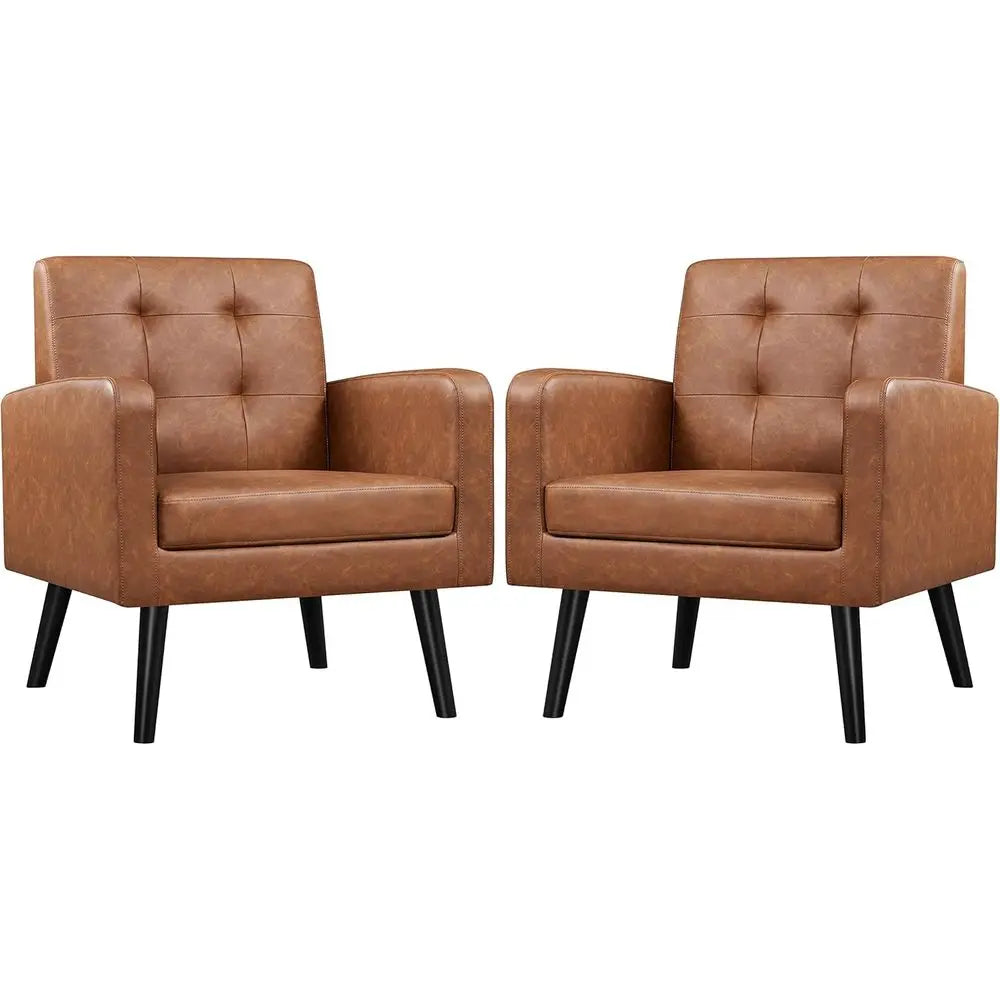 Mid-Century PU Leather Accent Chair with Button-Tufted Back & Wood Legs for Living Room or Bedroom