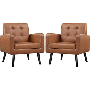 Mid-Century PU Leather Accent Chair with Button-Tufted Back & Wood Legs for Living Room or Bedroom