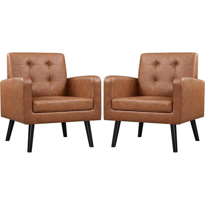 Mid-Century PU Leather Accent Chair with Button-Tufted Back & Wood Legs for Living Room or Bedroom