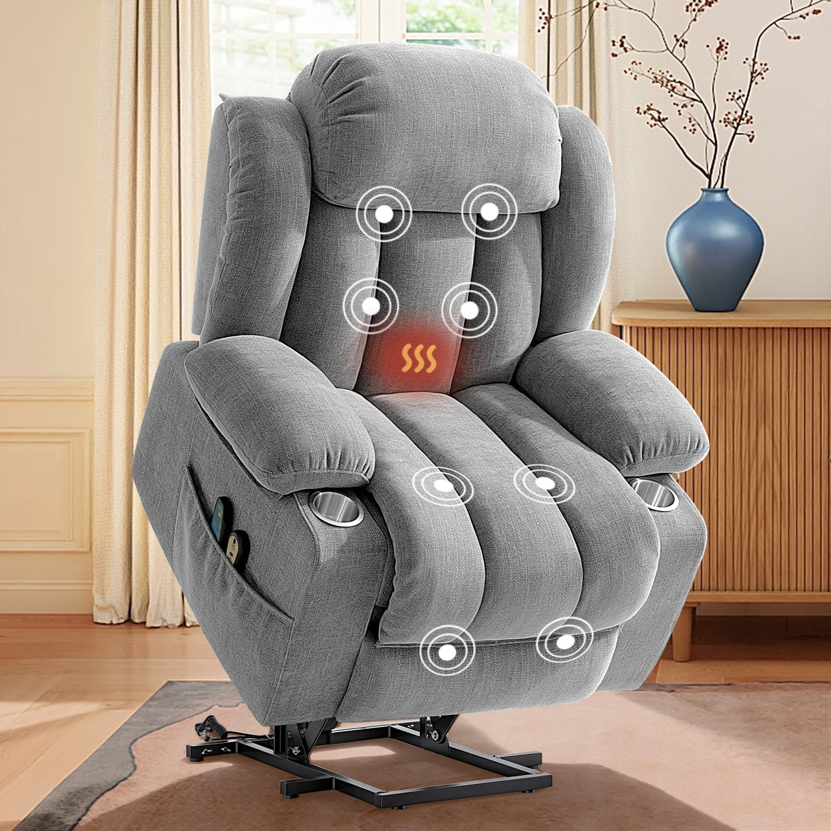 Power Lift Recliner Chair with Vibration Massage & Lumbar Heat, Electric Stand Assist Chair with Cup Holders, Side Pockets & Remote – Gray