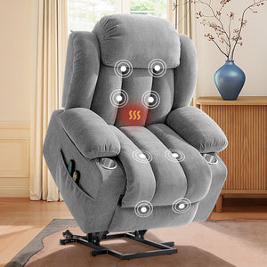 Power Lift Recliner Chair with Vibration Massage & Lumbar Heat, Electric Stand Assist Chair with Cup Holders, Side Pockets & Remote – Gray