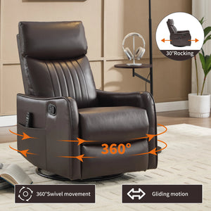 Manual Recliner Chair with Heat & Massage, Faux Leather Rocker Swivel Chair for Living Room – Brown