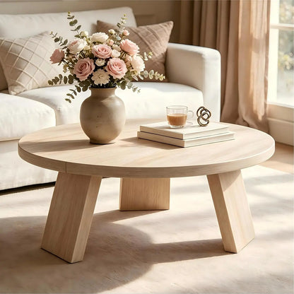 33.5" Round Coffee Table with Wood Grain Top & Angled Legs, Modern Center Table for Living Room & Apartment
