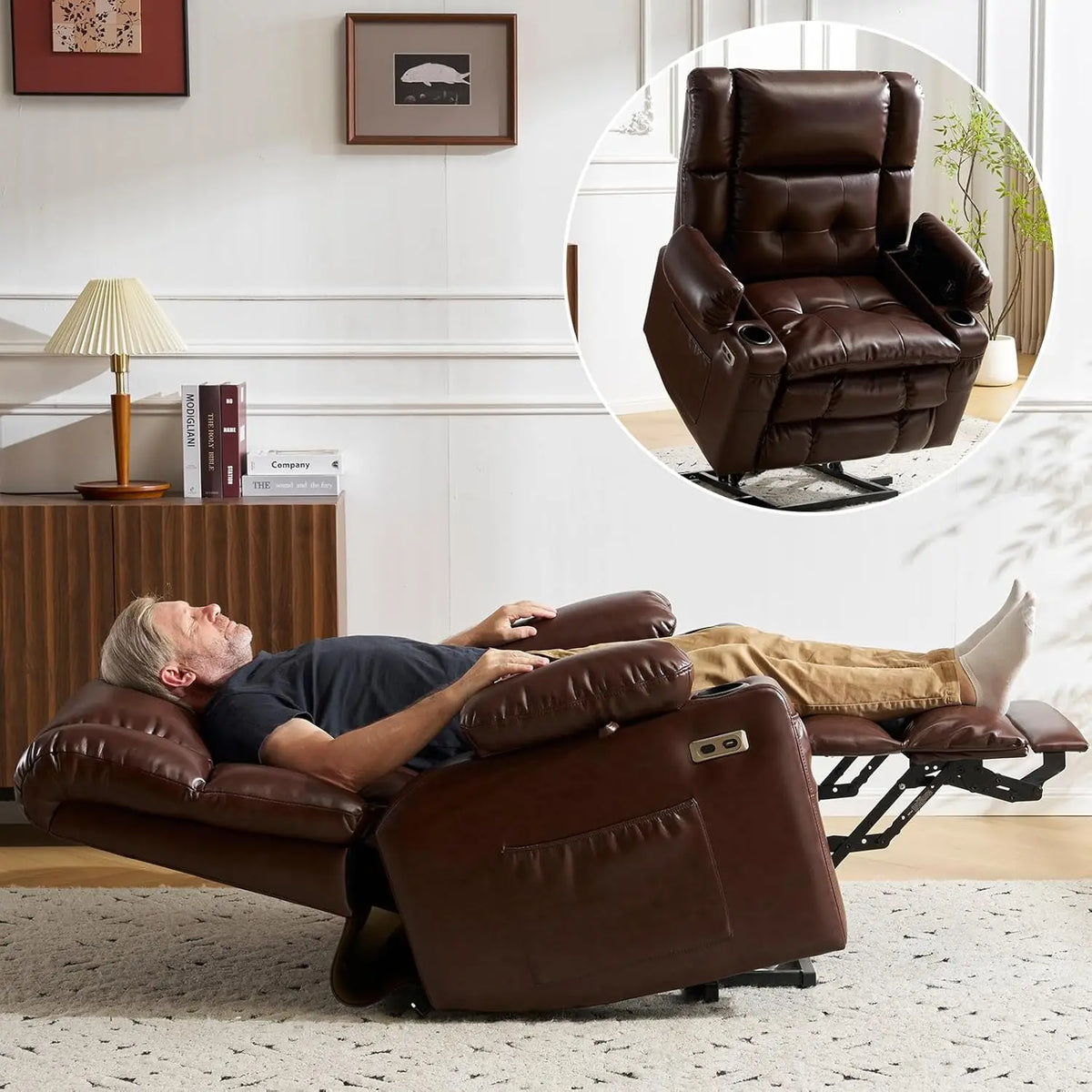 Dual Motor Power Lift Recliner Chair with Massage & Heat – Oversized Lay-Flat Lift Assist Chair with Arm Storage for Seniors