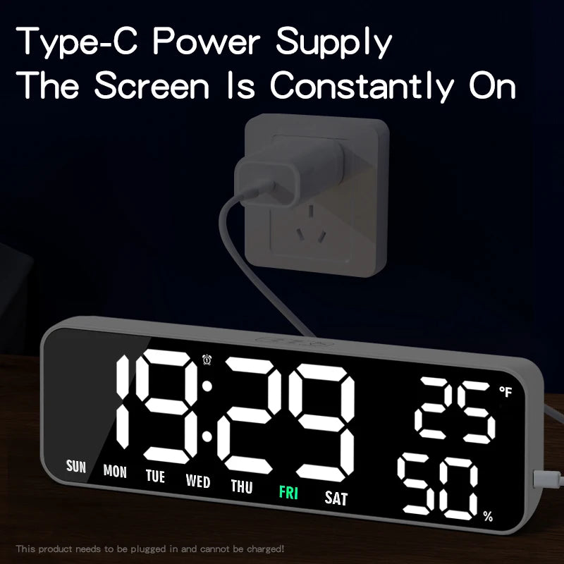 Large Display Digital Alarm Clock with Dual Alarms, Snooze, Temperature & Humidity, Week Display, 3 Brightness Levels, USB-C Powered