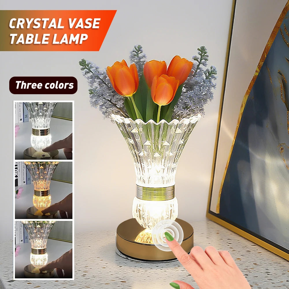 Rechargeable Crystal Vase LED Table Lamp with Touch Control, 3 Light Colors and Dimming for Bedside Décor