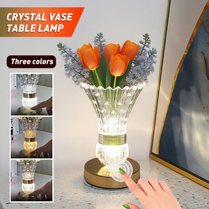 Rechargeable Crystal Vase LED Table Lamp with Touch Control, 3 Light Colors and Dimming for Bedside Décor