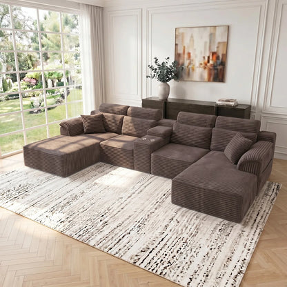 Oversized U-Shaped Modular Corduroy Sectional Sofa – Deep Seat Lounge Couch with Chaise, Center Console & Cup Holders, No Assembly