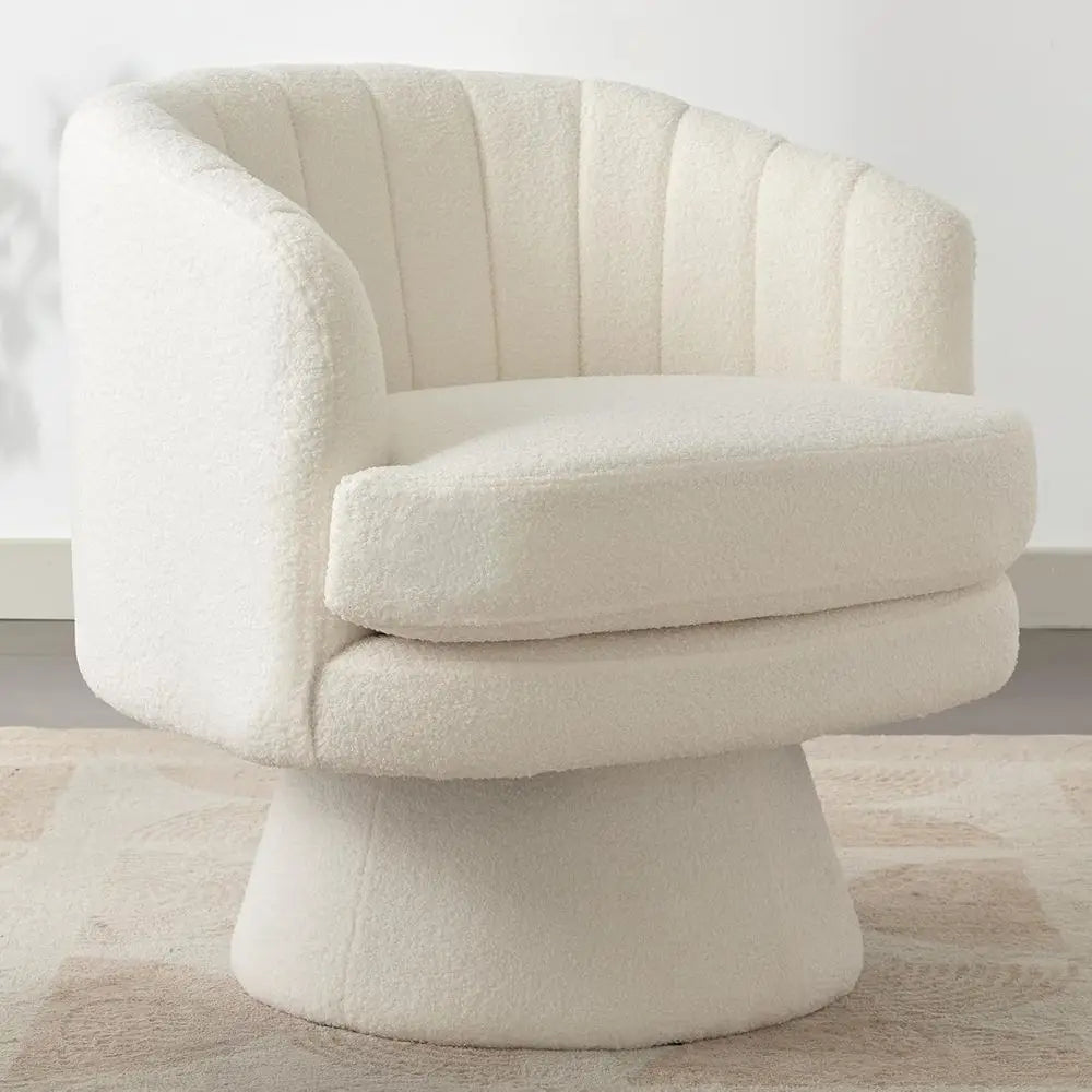 360° Swivel Barrel Accent Chair with Armrests – Modern Sherpa Teddy Upholstered Round Lounge Chair with Curved Back & Soft Cushion