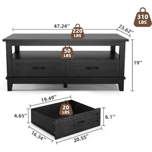 47" Farmhouse Coffee Table with 2 Drawers & Open Storage Shelf, Rustic Wood Center Table for Living Room