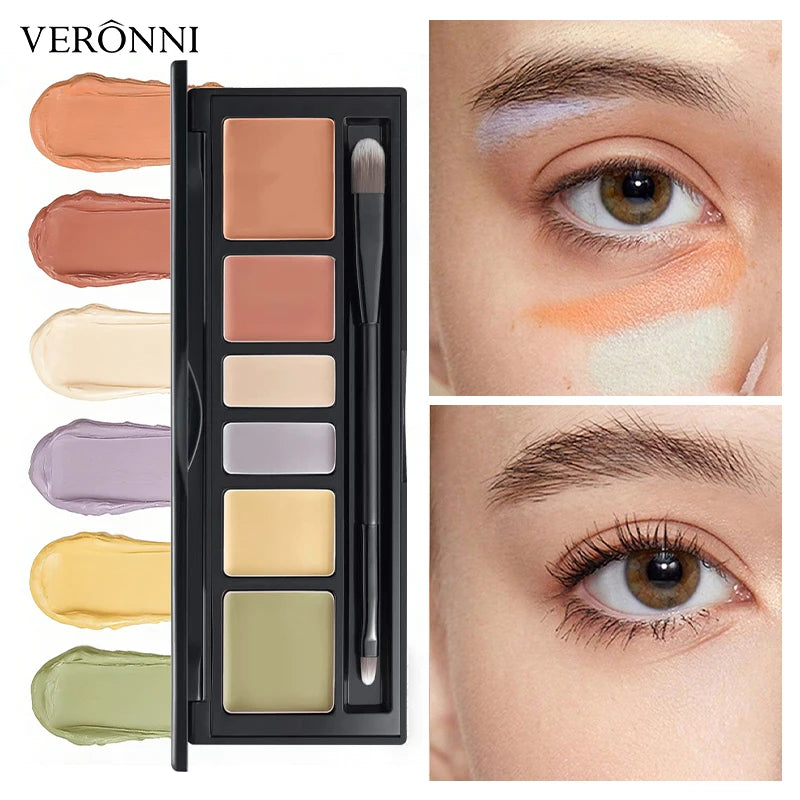 6-Shade Cream Color-Correcting Concealer Palette with Dual-Ended Brush, Full Coverage Corrector Kit