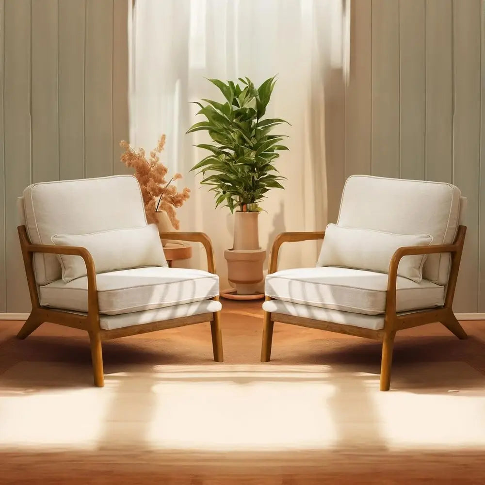 Set of 2 Beige Upholstered Accent Chairs – Mid-Century Modern Lounge Reading Chairs with Solid Wood Frame