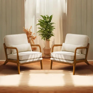 Set of 2 Beige Upholstered Accent Chairs – Mid-Century Modern Lounge Reading Chairs with Solid Wood Frame