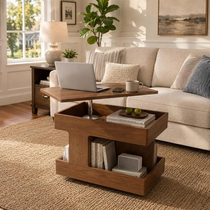 Solid Wood Lift-Top Coffee Table with Storage & Wheels, Square Walnut Wood Side Table, No Assembly Required