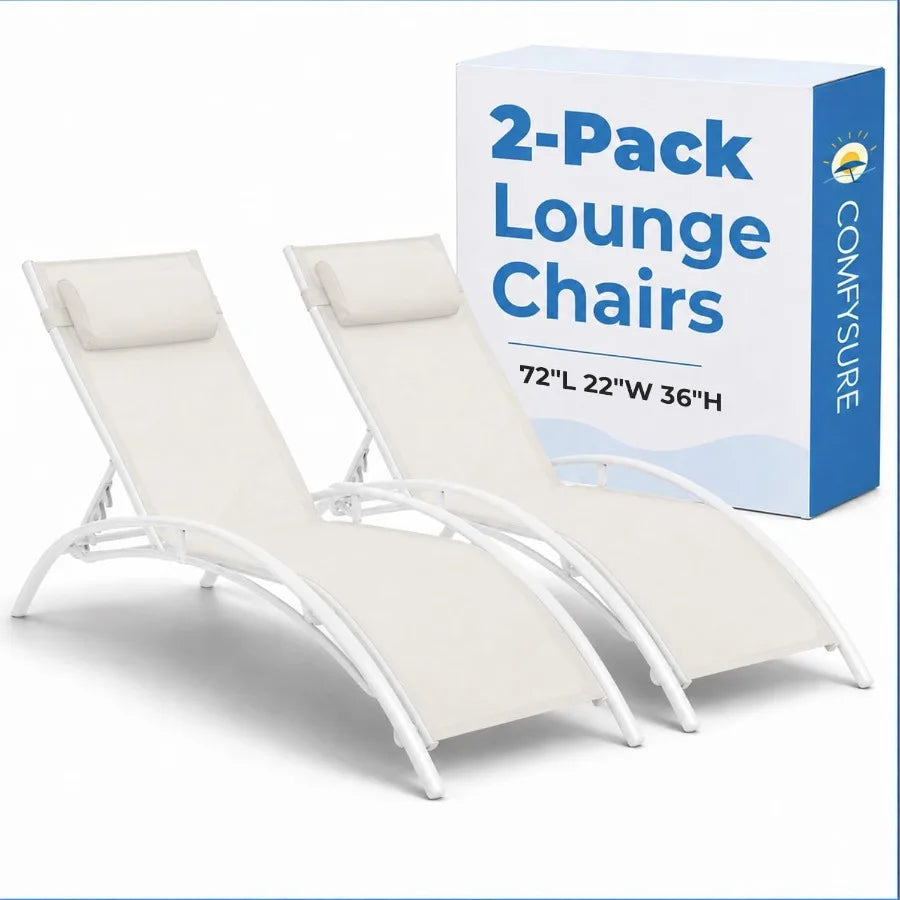 Set of 2 Aluminum Outdoor Lounge Chairs – 4-Position Reclining Textilene Sun Loungers with Headrest Pillows & Armrests