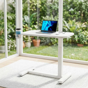 28/32-Inch Height Adjustable Overbed Table with Wheels & Cup Holder, Pneumatic Rolling Laptop Standing Desk for Home Office