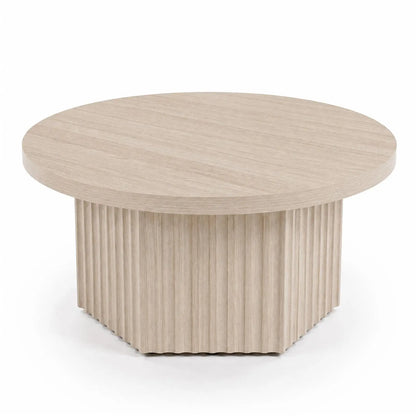 31.5" Round Fluted Drum Coffee Table, Modern Wood Pedestal Center Table for Living Room & Small Spaces