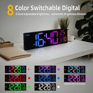 16-Inch RGB LED Digital Wall Clock with Remote Control, 8 Display Colors, Alarm, Auto DST & Indoor Temperature Display