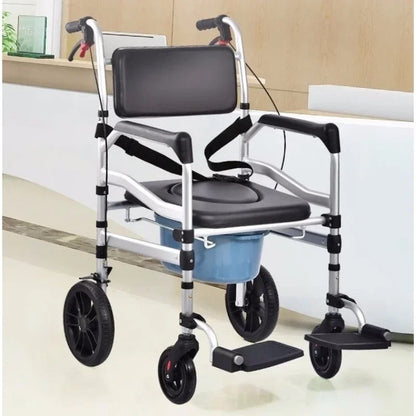 Portable Toilet Chair Alloy Commode with Wheels Foldable Shower Chair Convenient Adult Mobility Aid Bathroom Chair