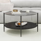 32.28" Modern Round Coffee Table with Black Tempered Glass Top & Solid Walnut Wood Storage Shelf