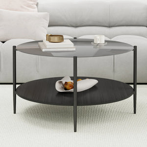 32.28" Modern Round Coffee Table with Black Tempered Glass Top & Solid Walnut Wood Storage Shelf
