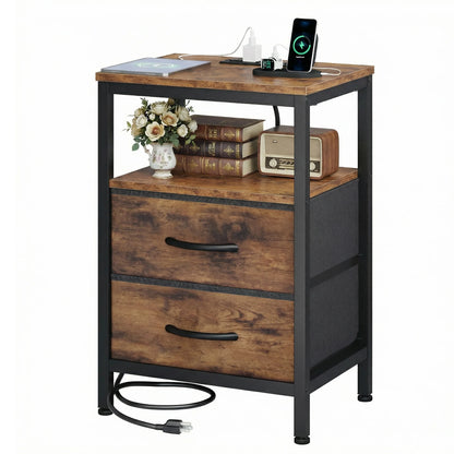 Nightstand with 2 Fabric Drawers, Open Shelf & Charging Station – Bedside End Table with USB Ports