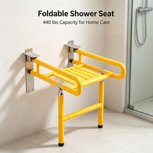 Wall-Mounted Folding Shower Seat with Armrests – Anti-Slip Feet, Space-Saving Bath Chair, 440 lb Capacity, Yellow