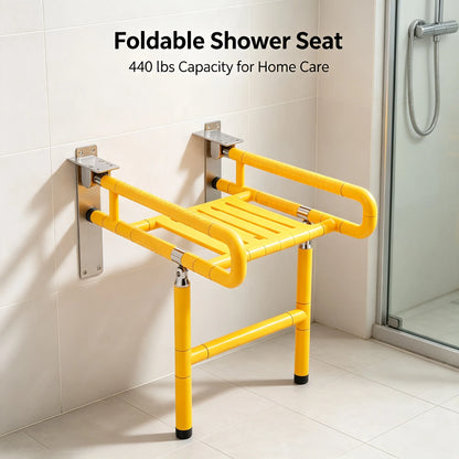 Wall-Mounted Folding Shower Seat with Armrests – Anti-Slip Feet, Space-Saving Bath Chair, 440 lb Capacity, Yellow