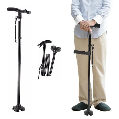 Adjustable Folding Walking Cane with LED Light – Self-Standing Quad Base & Ergonomic Handle