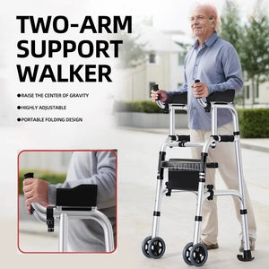 Adjustable Two-Arm Support Walker for Seniors – Foldable Mobility Walking Aid with Wheels