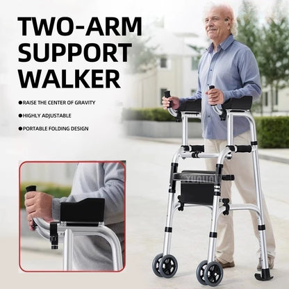 Adjustable Two-Arm Support Walker for Seniors – Foldable Mobility Walking Aid with Wheels