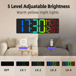 18-Inch RGB LED Digital Wall Clock with Remote Control, Temperature & Date Display, Timer, Auto DST, Dimmable Brightness