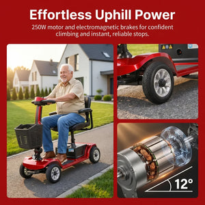 Portable Folding Mobility Scooter for Seniors – 4-Wheel Electric Travel Scooter, Swivel Seat, Anti-Tip Design, Red