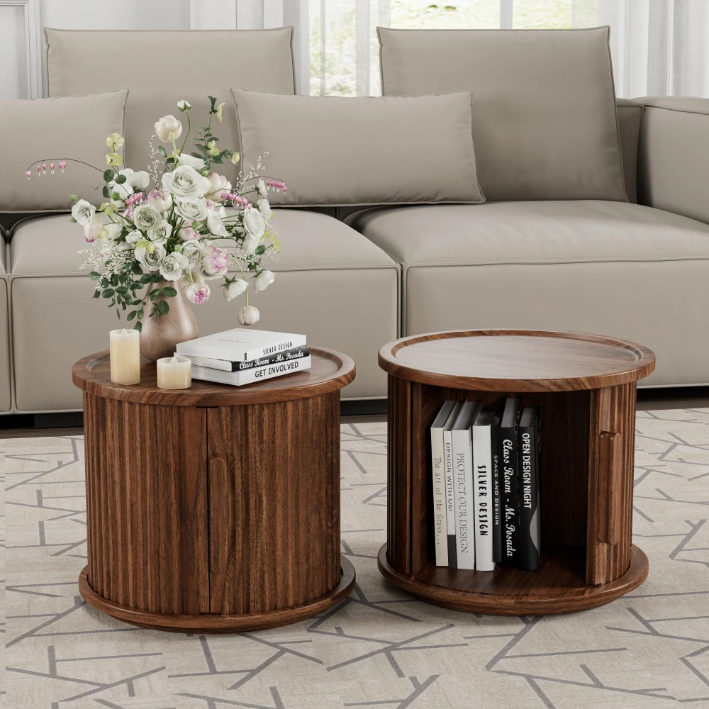 Walnut Round Nesting Coffee Table Set of 2 with Sliding Door Storage, Modern Side Tables for Living Room & Bedroom