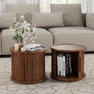Walnut Round Nesting Coffee Table Set of 2 with Sliding Door Storage, Modern Side Tables for Living Room & Bedroom