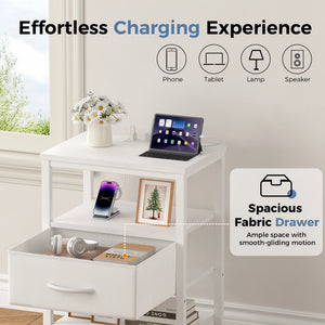 Nightstand with Fabric Drawer, LED Light Strip & Charging Station – Bedside End Table with Storage Cabinet
