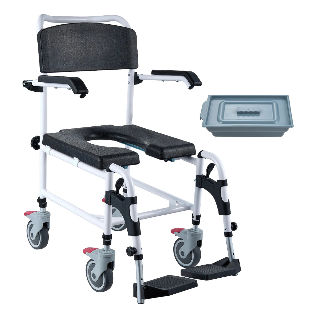 Shower Commode Wheelchair with 4 Locking Wheels – 3-Level Height Adjustable, Flip-Up Arms & Footrests, 5L Removable Bucket