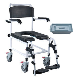 Shower Commode Wheelchair with 4 Locking Wheels – 3-Level Height Adjustable, Flip-Up Arms & Footrests, 5L Removable Bucket