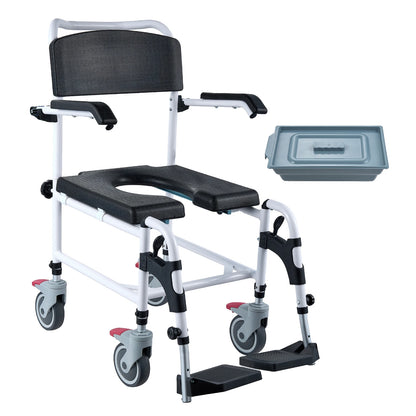 Shower Commode Wheelchair with 4 Locking Wheels – 3-Level Height Adjustable, Flip-Up Arms & Footrests, 5L Removable Bucket