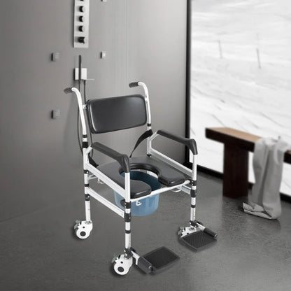 3-in-1 Foldable Rolling Shower Commode Wheelchair – Height Adjustable Bath Chair with Flip-Up Footrests