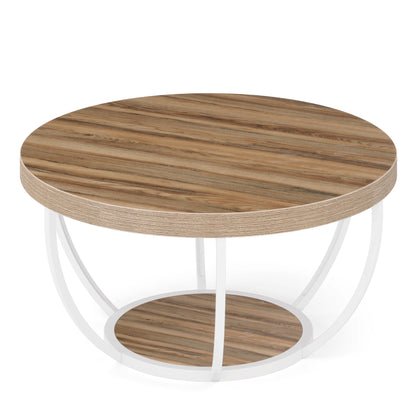 31.7" Round 2-Tier Coffee Table with Storage Shelf, Industrial Wood Center Table for Living Room