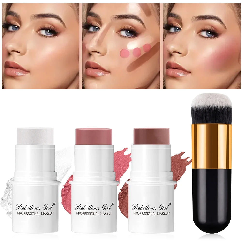 3-Piece Cream Blush, Highlighter & Contour Stick Set with Makeup Brush, Long-Lasting Face Makeup