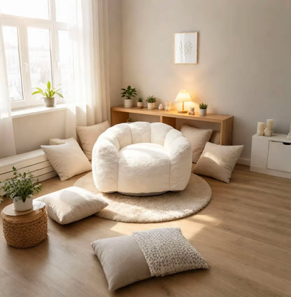 Large Petal Cloud Lounge Chair – Faux Rabbit Fur Upholstered Cozy Wrap-Arm Accent Sofa for Bedroom, Living Room & Gaming