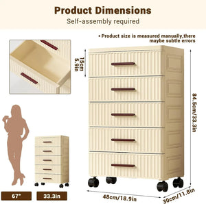 5-Drawer Rolling Storage Dresser with Wheels, Plastic Nightstand & Mobile Organizer Cabinet for Bedroom, Living Room & Office