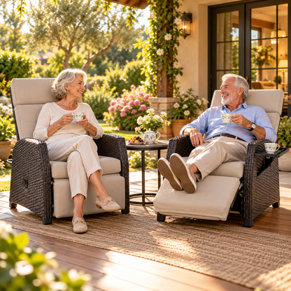 180° Outdoor Patio Recliner Chair – Adjustable PE Rattan Lounge Chair with Footrest & Flip-Up Side Table