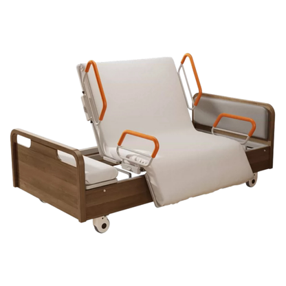 Wooden Electric Nursing Bed For Elderly, Multi-function Adjustable Home Care Bed With Mattress Guardrail Bedroom Furniture