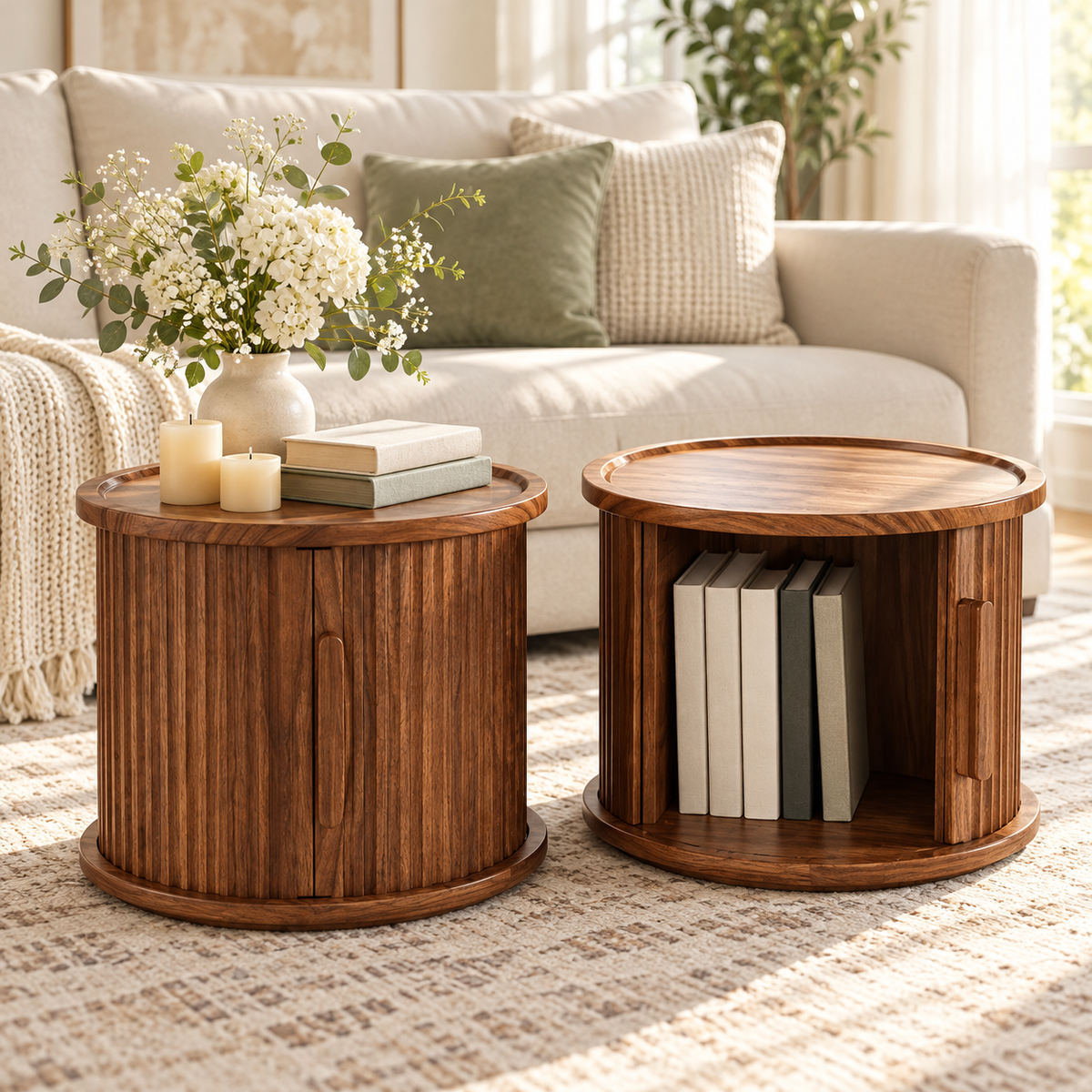 Walnut Round Nesting Coffee Table Set of 2 with Sliding Door Storage, Modern Side Tables for Living Room & Bedroom