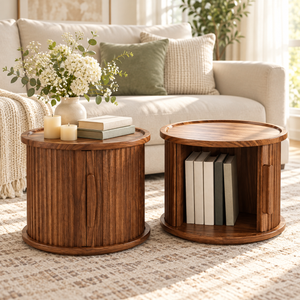 Walnut Round Nesting Coffee Table Set of 2 with Sliding Door Storage, Modern Side Tables for Living Room & Bedroom