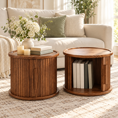 Walnut Round Nesting Coffee Table Set of 2 with Sliding Door Storage, Modern Side Tables for Living Room & Bedroom
